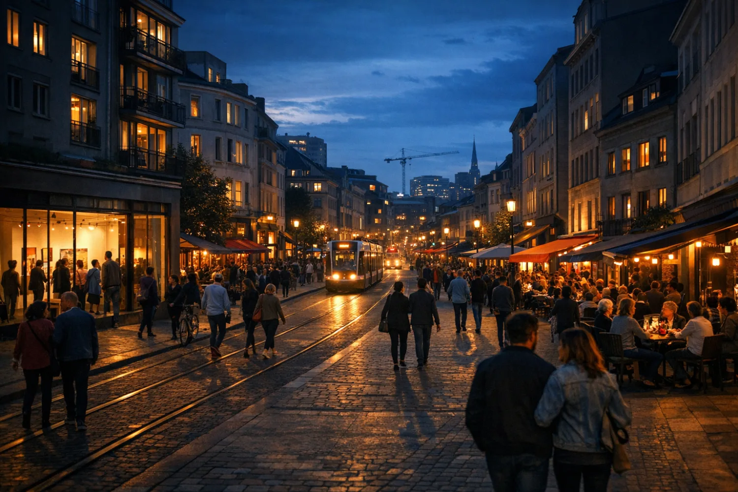A lively city street showing the growth potential of local night-out media