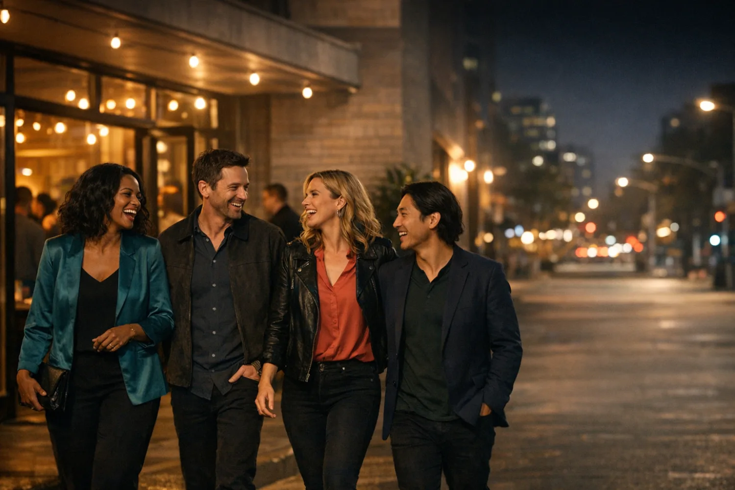 Friends in a polished evening city setting after a local event